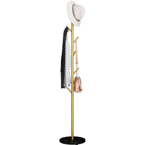 Gold Coat Rack Stable Round Marble Base, 8 Coat Hooks Organizer